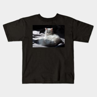 White Cat on Grey Blanket Kids T-Shirt